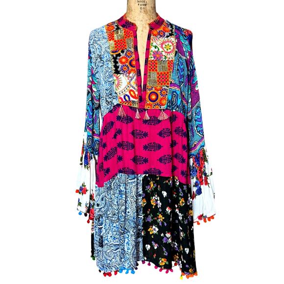 Anandas Patchwork Print Tassel Detail Smock Mini Dress Size Large Bell Sleeves - Picture 6 of 13